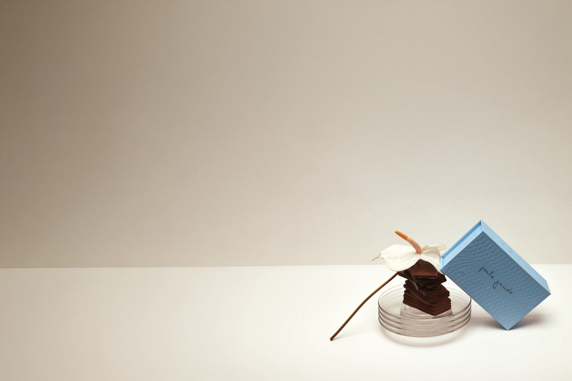 La Caja de Perla Gaude con chocolate, un anturio blanco y una bandeja de vidrio